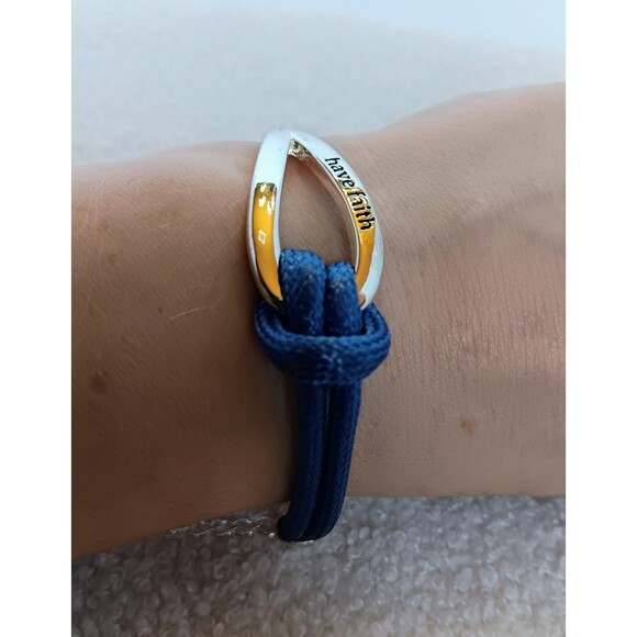 Avon Signed SAQ Silvertone & Blue Cord "Have Faith" Bracelet 6.5-7.5 in - Picture 7 of 14